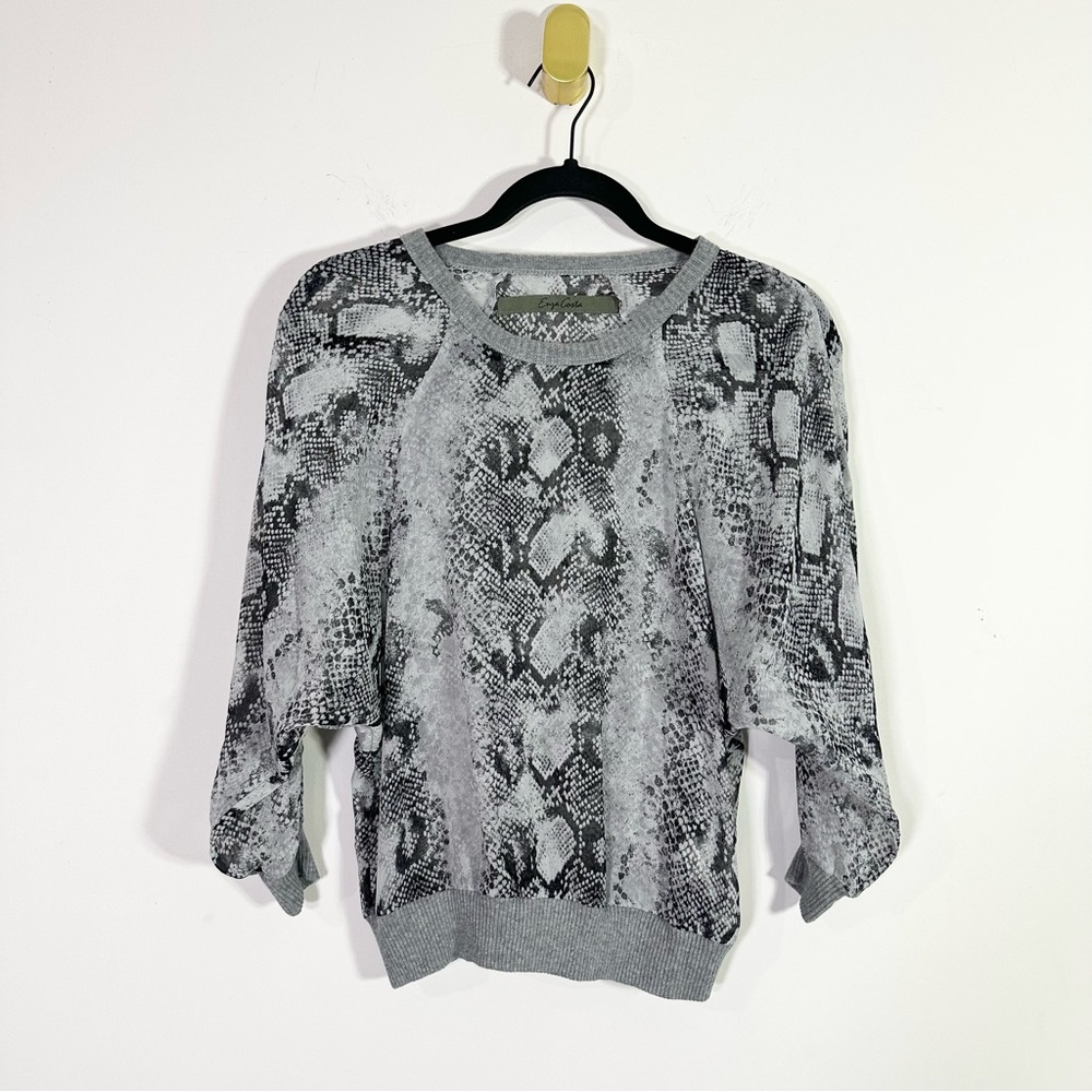 Enza Costa Gray Black Sheer Snake Print Crewneck Batwing Top